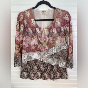 Oneworld Mixed Floral Print Lace Long Sleeve Scoop Neck Top Medium Women’s EUC